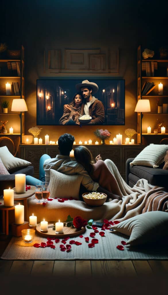 A couple cuddles under a blanket during a cozy movie night, surrounded by candles, rose petals, and popcorn.