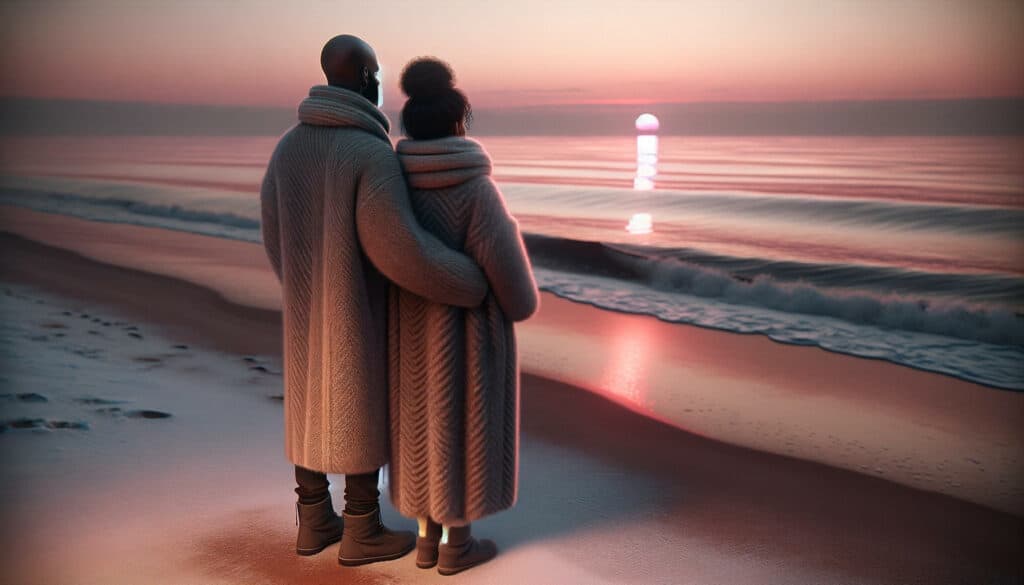 A couple wrapped in a blanket watches a beautiful beach sunset, capturing a serene moment of intimacy.