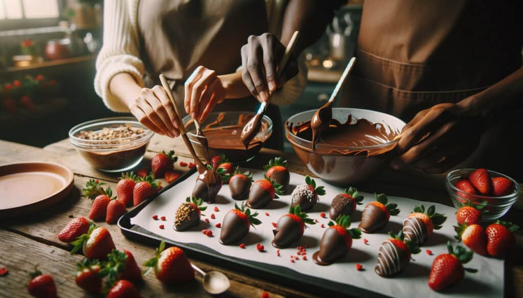 A couple prepares Valentine's Day desserts, dipping strawberries into melted chocolate in a rustic kitchen.