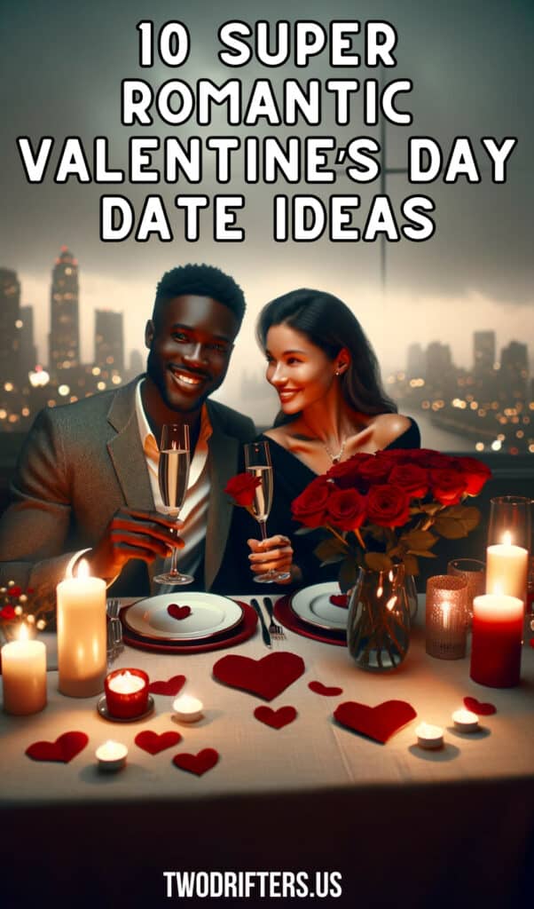 A cheerful couple toasting champagne at a candlelit table with a city skyline backdrop, an illustration from '10 Super Romantic Valentine’s Day Date Ideas' on TwoDrifters.us