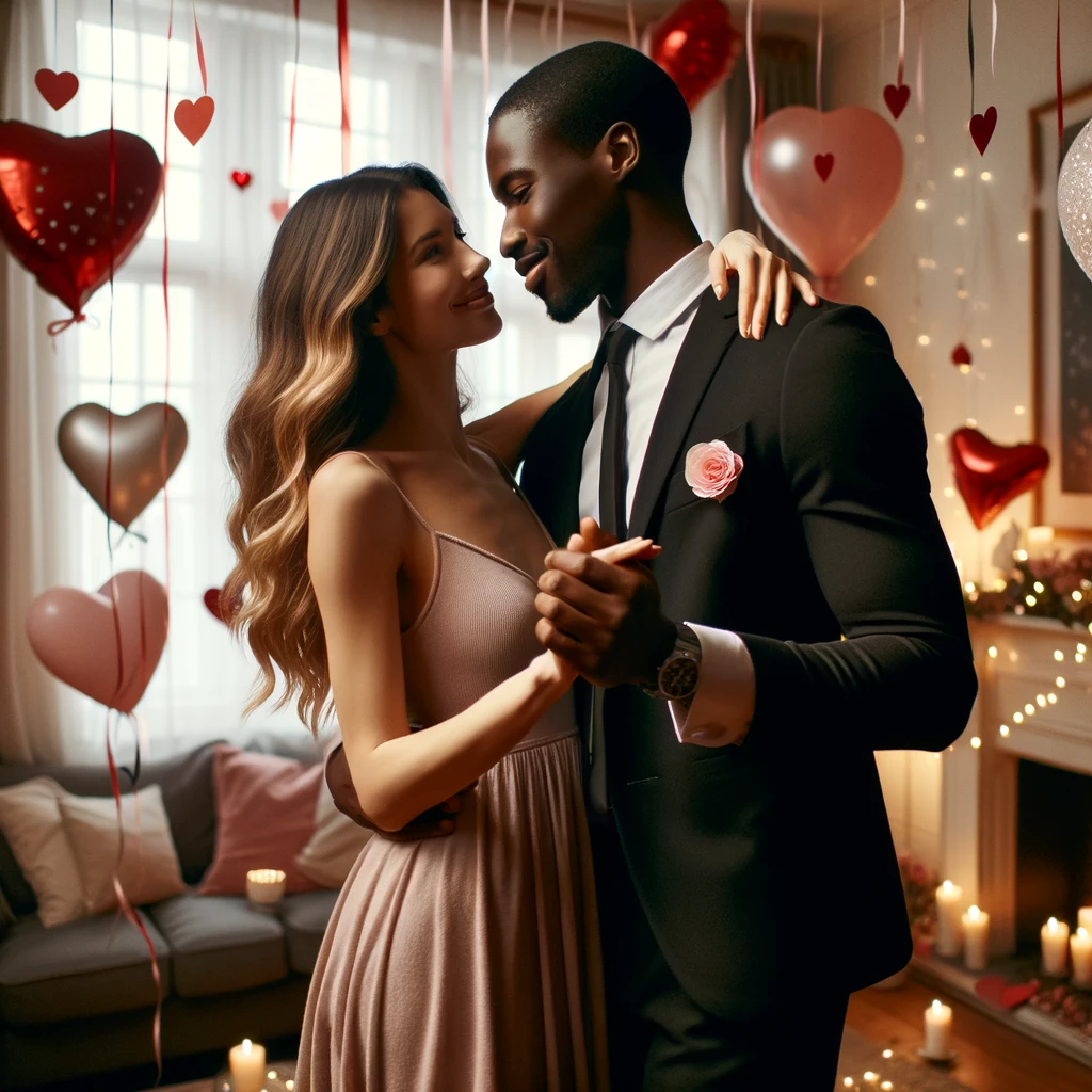 An elegantly dressed couple dances in a romantically decorated room, a perfect Valentine's Day activity.