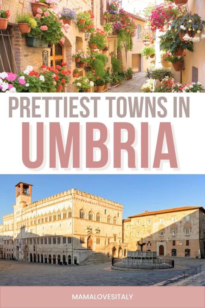 Photo of Spello (top) and Perugia (bottom) with overlay text: Prettiest Towns in Umbria by Mamalovesitaly