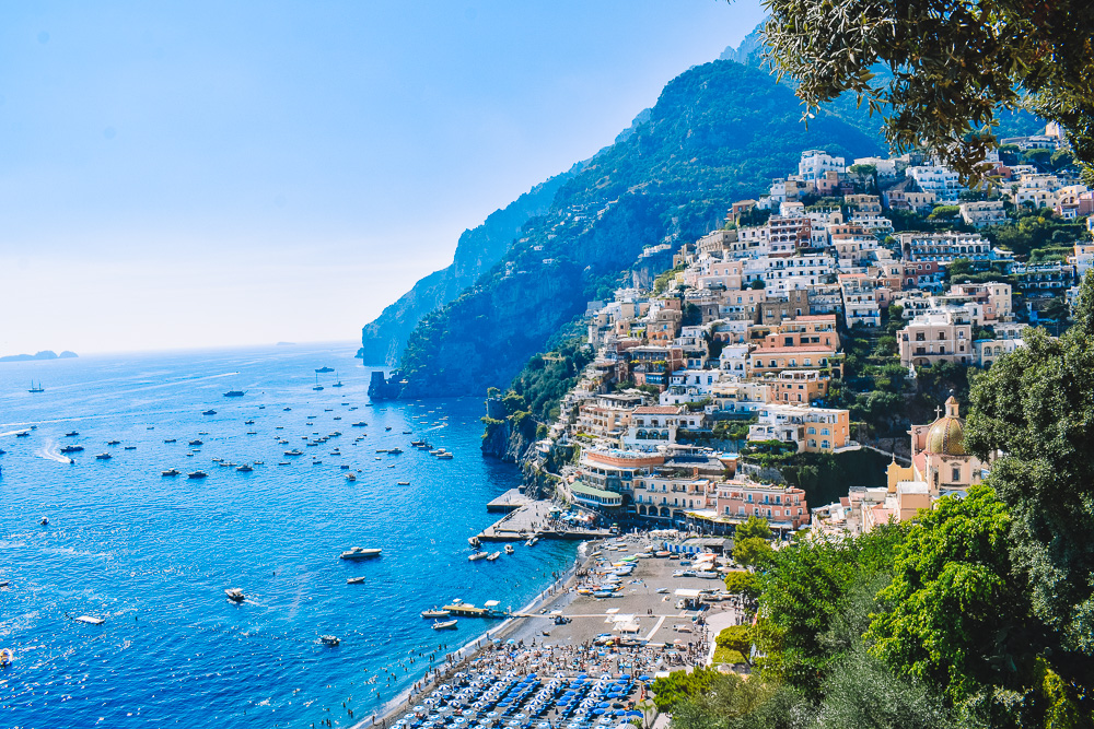 The iconic view over Positano, Marina Grande Beach and the Amalfi Coast coastline