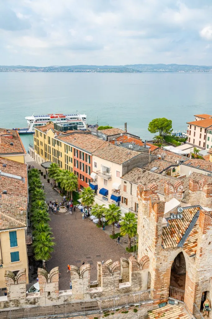 A view of the piazza in Sirmione's historic center as seen from the walls of Castello Scaligero