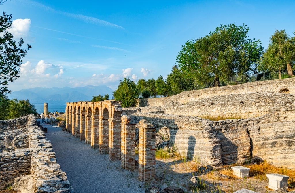 A collection of arches at the Grotte di Catullo in Sirmione during sunset