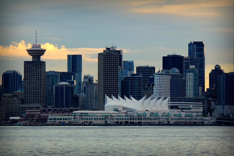 Vancouver skyline from North Vancouver, Burrard Inlet with Canada Place sails