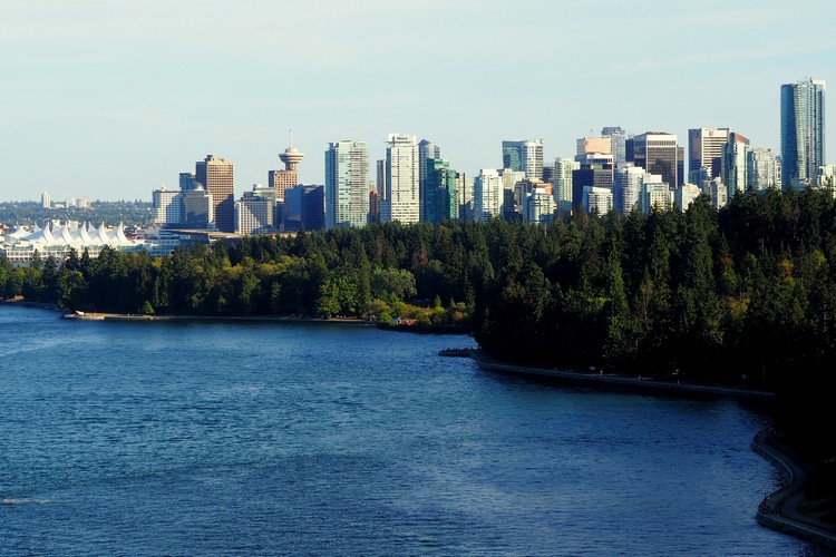 Vancouver skyline from the Lions Gate Bridge in Stanley Park