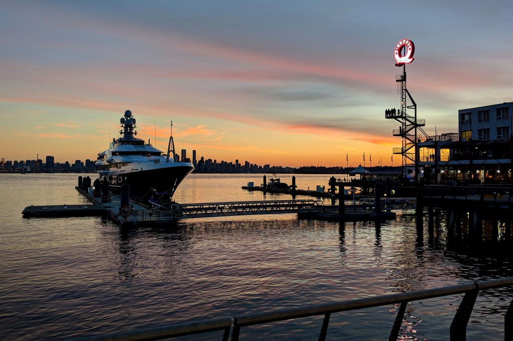 Big Q at Lonsdale Quay Market at sunset, view of Vancouver from Lonsdale Quay