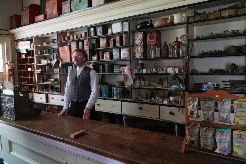 Visiting the general store at Lang Pioneer Village.