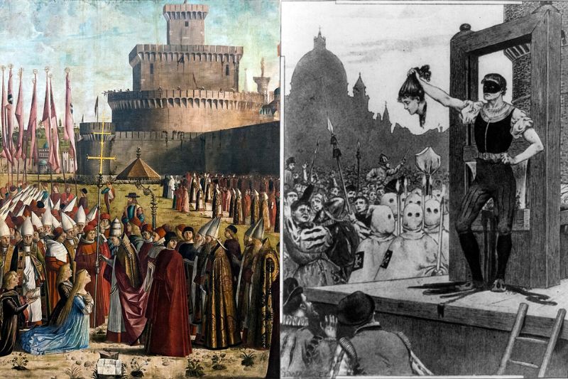 On the left, a painting by Vittore Carpaccio (15th-16th century) depicting pilgrims meeting the Pope outside Castel Sant'Angelo. On the right, a print from 1895 showing the execution of Beatrice Cenci.