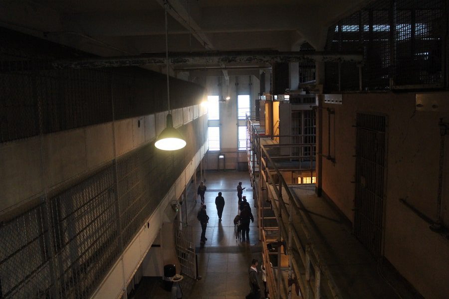 View of the Alcatraz cellblock from the guards' watch zone.