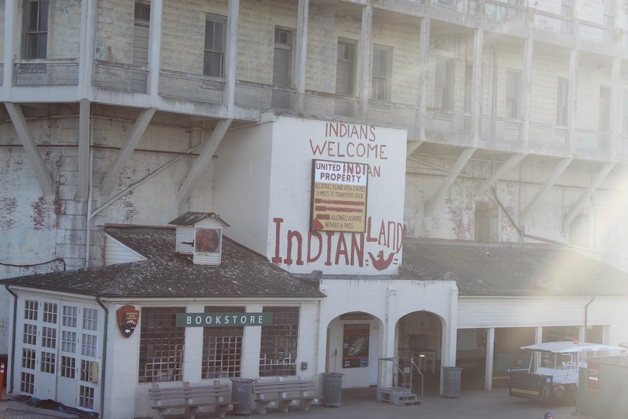 Old Alcatraz Island sign transformed to an Indian's welcome to United Indian Property.