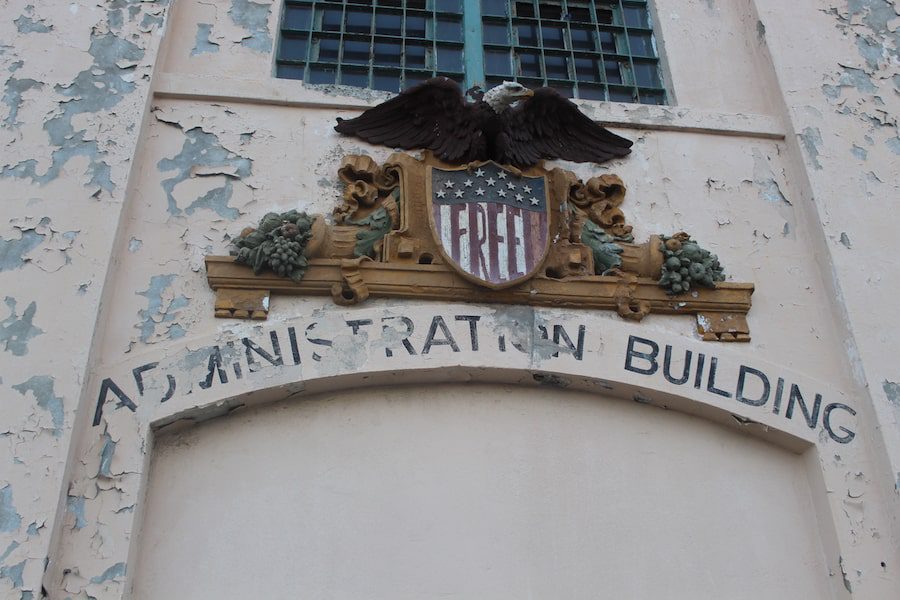 US Emblem on the Alcatraz Federal Penitentiary Admin Building transformed to a sign of freedom during the Native American occupation.