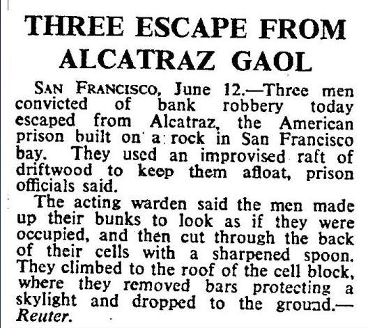 Reuter news clipping from June 12, 1962, detailing the escape from Alcatraz jail.