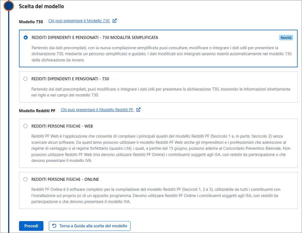 Select 730 Module simplified or Persone fisiche depending on your income status