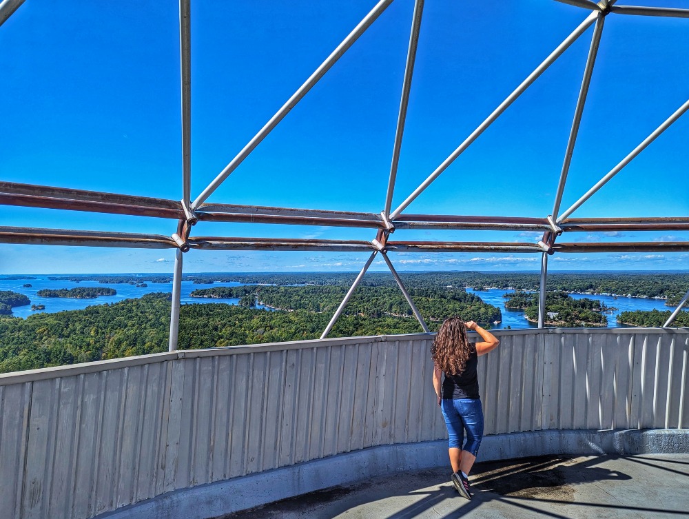 Views from the second observation deck of the 1000 Islands Tower. With me looking out.