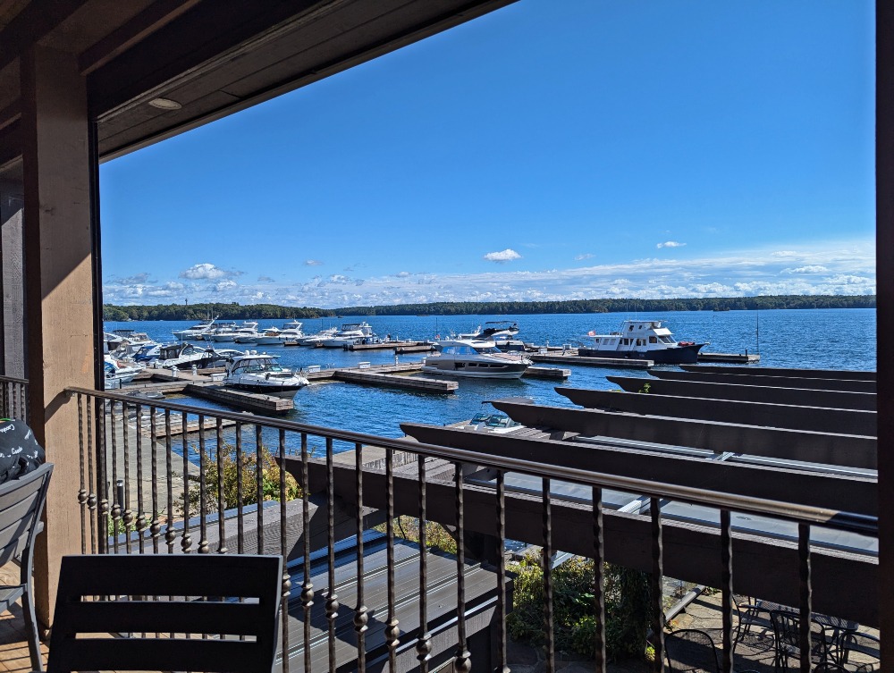 View from Ivy Restaurant patio of the boats in the St. Lawrence River