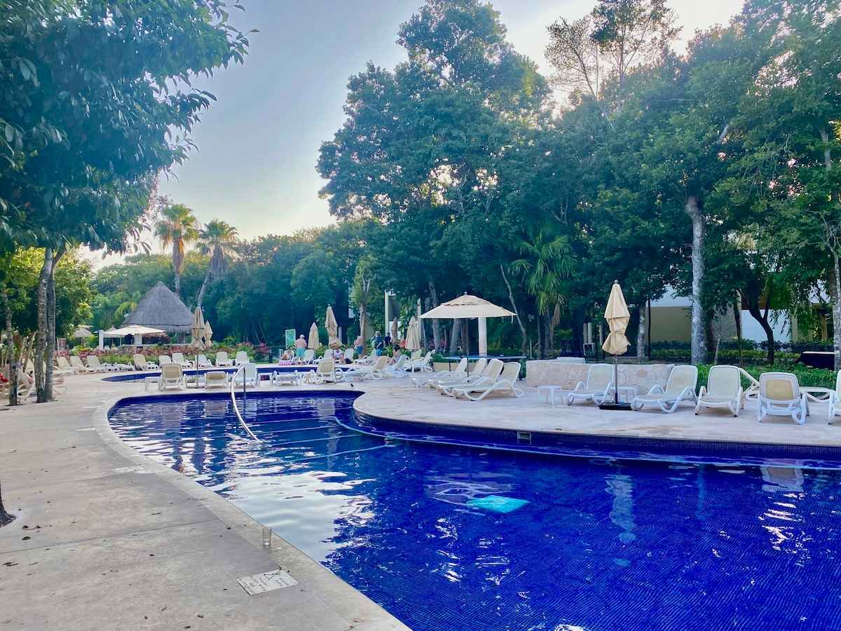 Early morning light on resort pool.