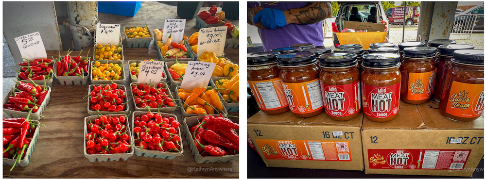 Rochester Public Market produce - chilis and peppers and flavored meat sauce for sale