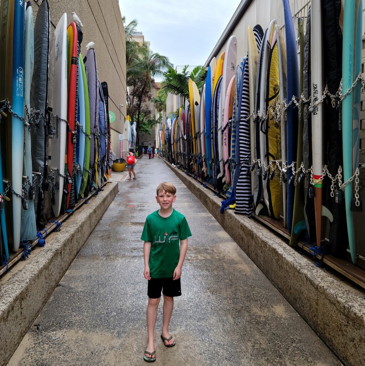 Surfboard Alley at Waikiki Beach in Honolulu, Oahu, Hawaii