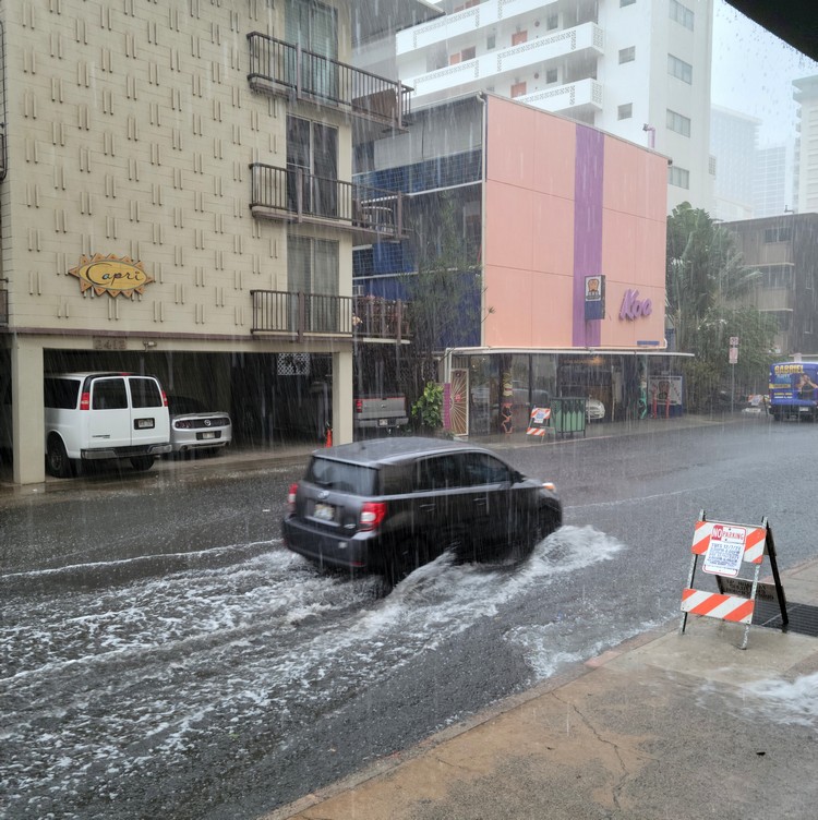 Street flooding at Waikiki Beach in Honolulu, Oahu