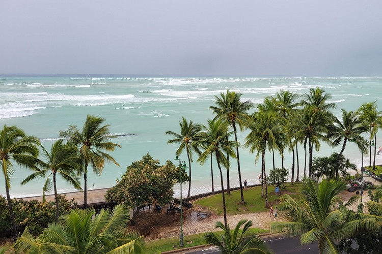 View of the ocean and beach from the Alohilani Resort balcony