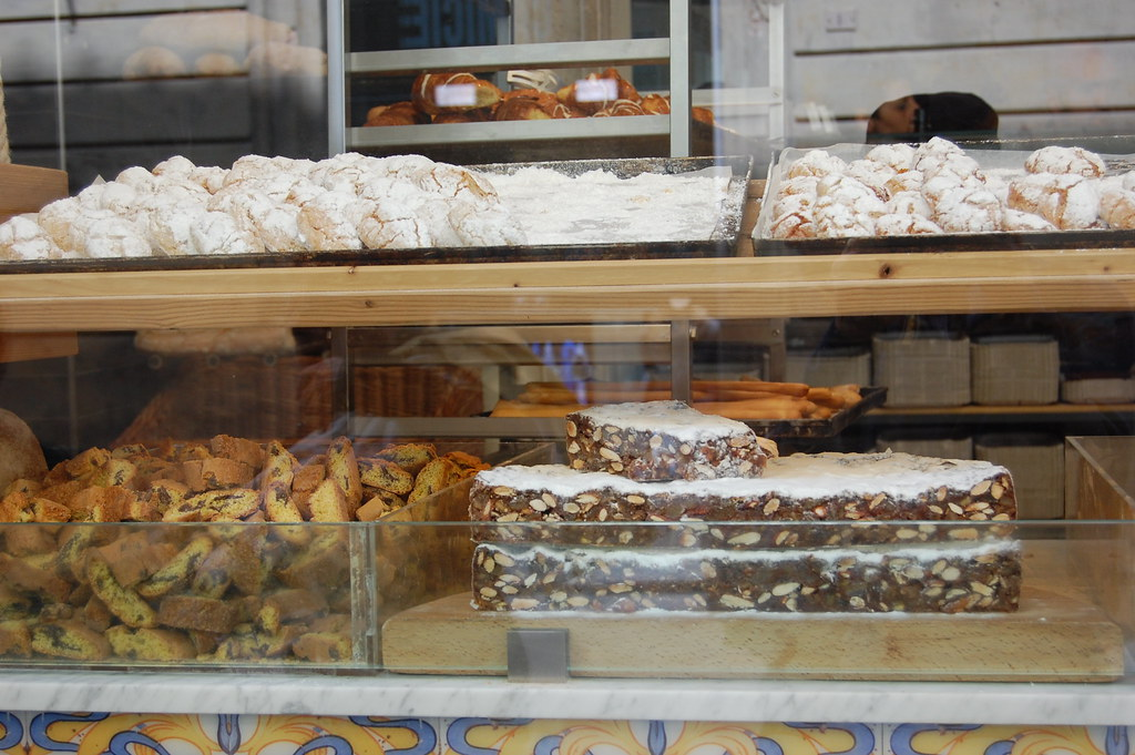 Pastries displayed by an Italian bakery