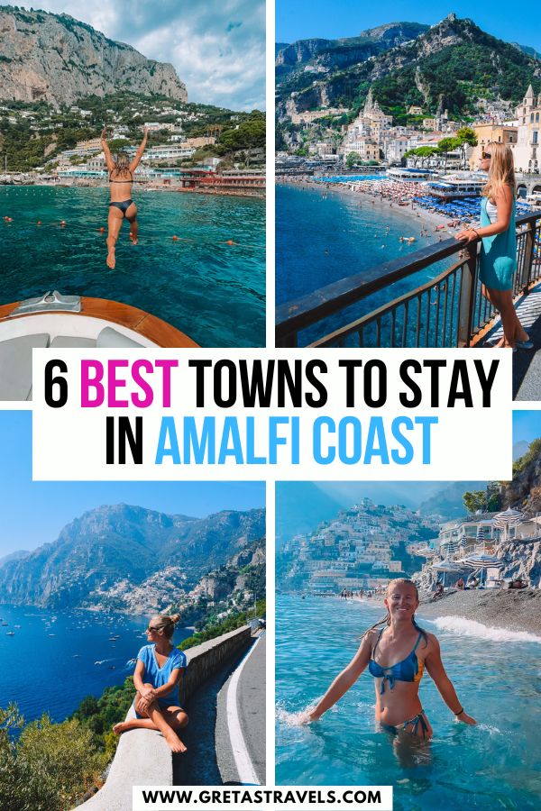 Photo collage of a blonde girl swimming in Spiaggia Grande in Positano, jumping off a boat in Capri, enjoying the view over Amalfi and text overlay saying 'best towns to stay in amalfi coast'