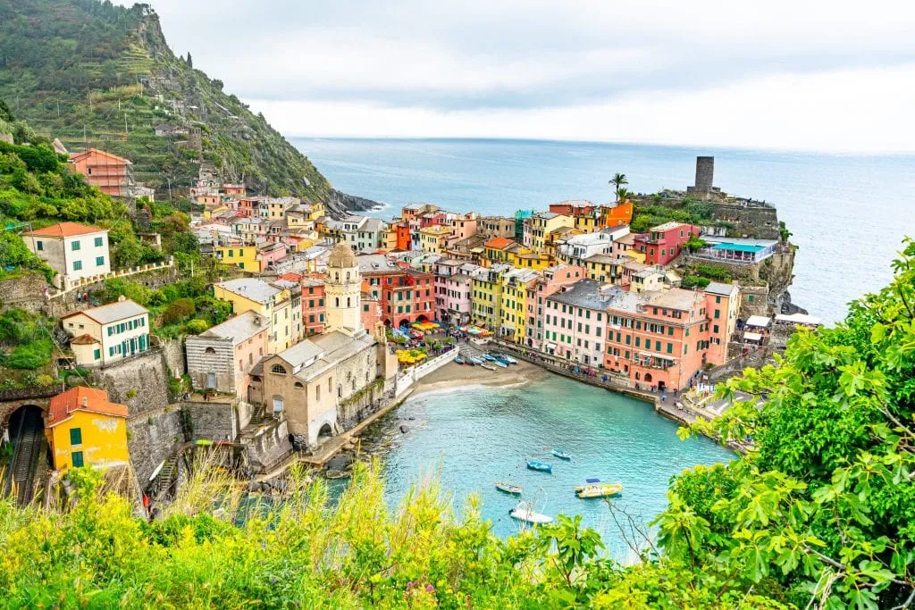 View of Vernazza Harbor in Cinque Terre from an above trail