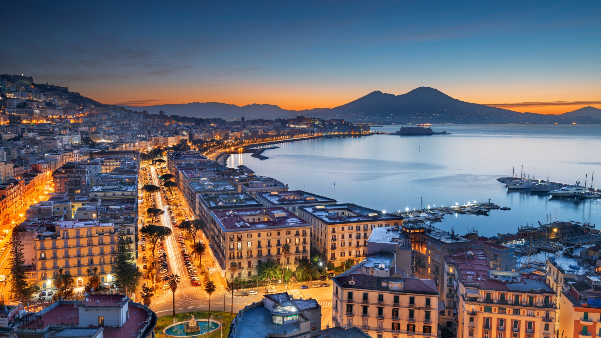 A panoramic view of Naples Bay during the blue hour.