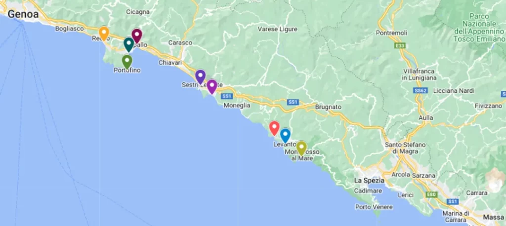 Map of Beaches in Riviera di Levante