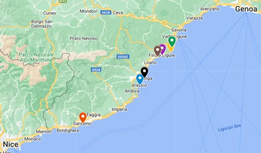 Map of Beaches in Riviera di Ponente