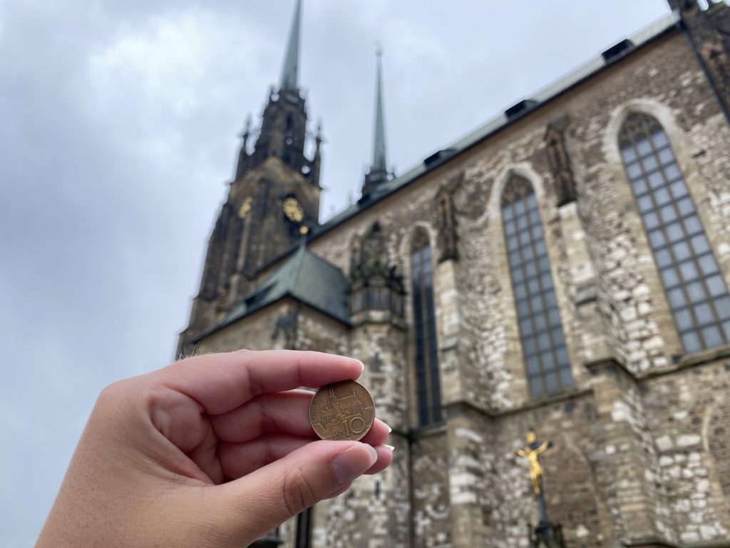 Cathedral of St. Peter and Paul depicted on the 10kc coin in Brno, Czech Republic