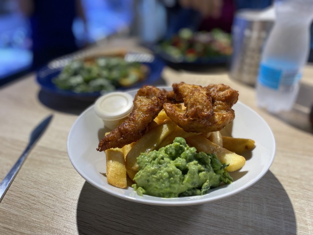 Fish and chips with mushy peas at Ocean 48 in Brno, Czech Republic