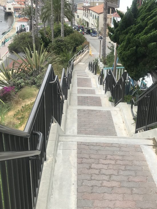 Climbing the stairs to the Catalina Chimes above Avalon Harbour on Santa Catalina Island