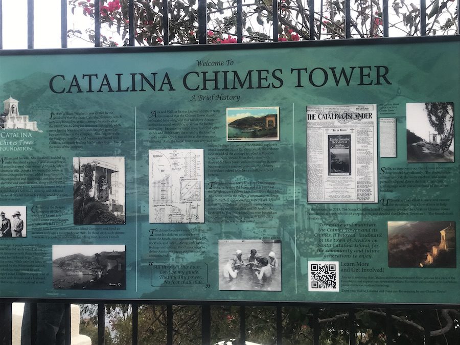 Sign sharing the history of the Catalina Chimes tower.