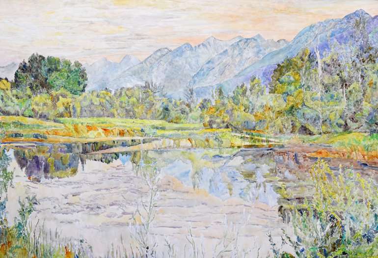 Mountain landscape in Alberta in an Impressionist painting style by Dorothy Knowles.