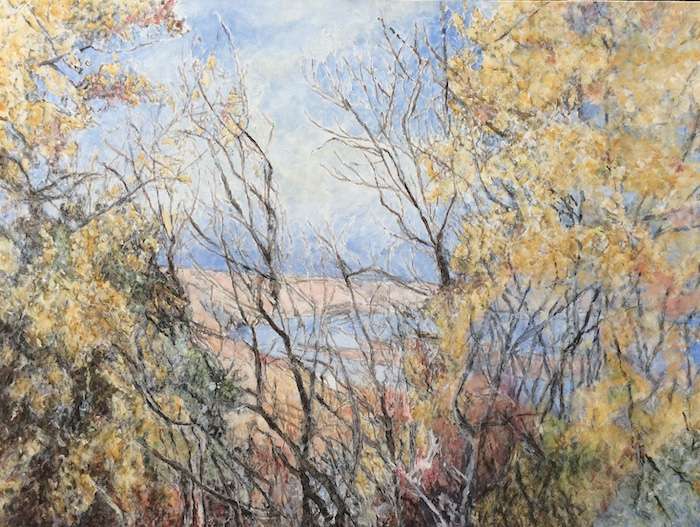 Painting of golden trees in the wind by artist Dorothy Knowles.