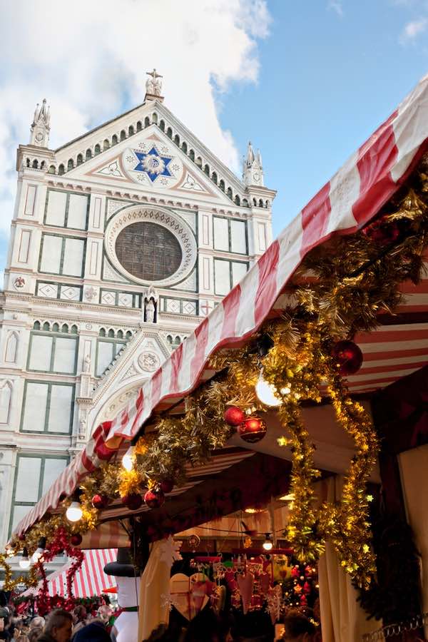 Close-up of a Christmas stall in the market at Piazza Santa Croce, Florence, Italy.