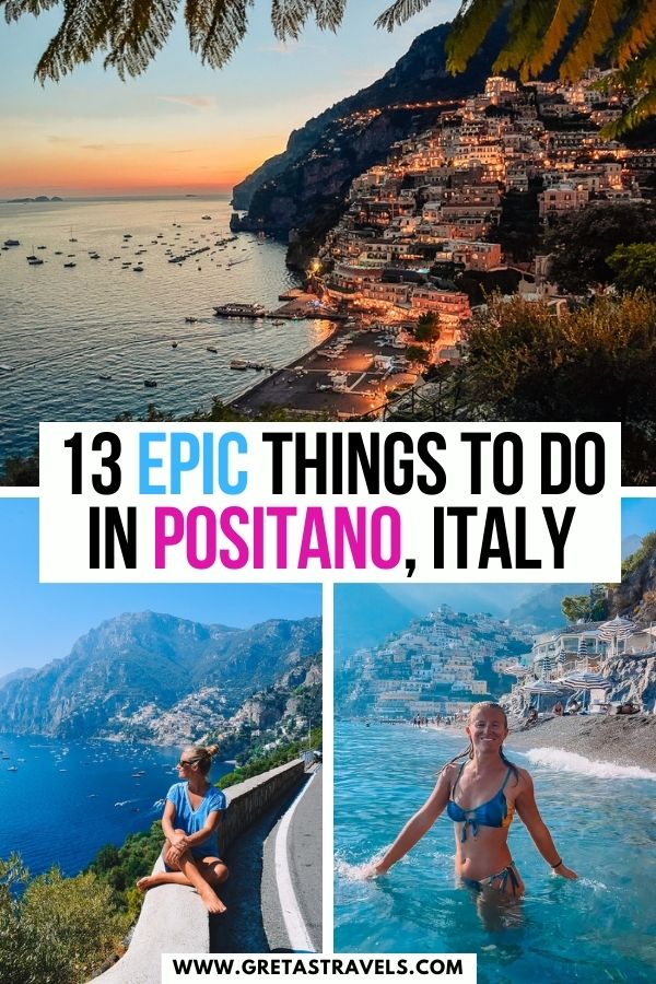 Photo collage of the sunset over Positano and a girl swimming in the sea at Positano Beach with text overlay saying 'epic things to do in Positano, Italy'