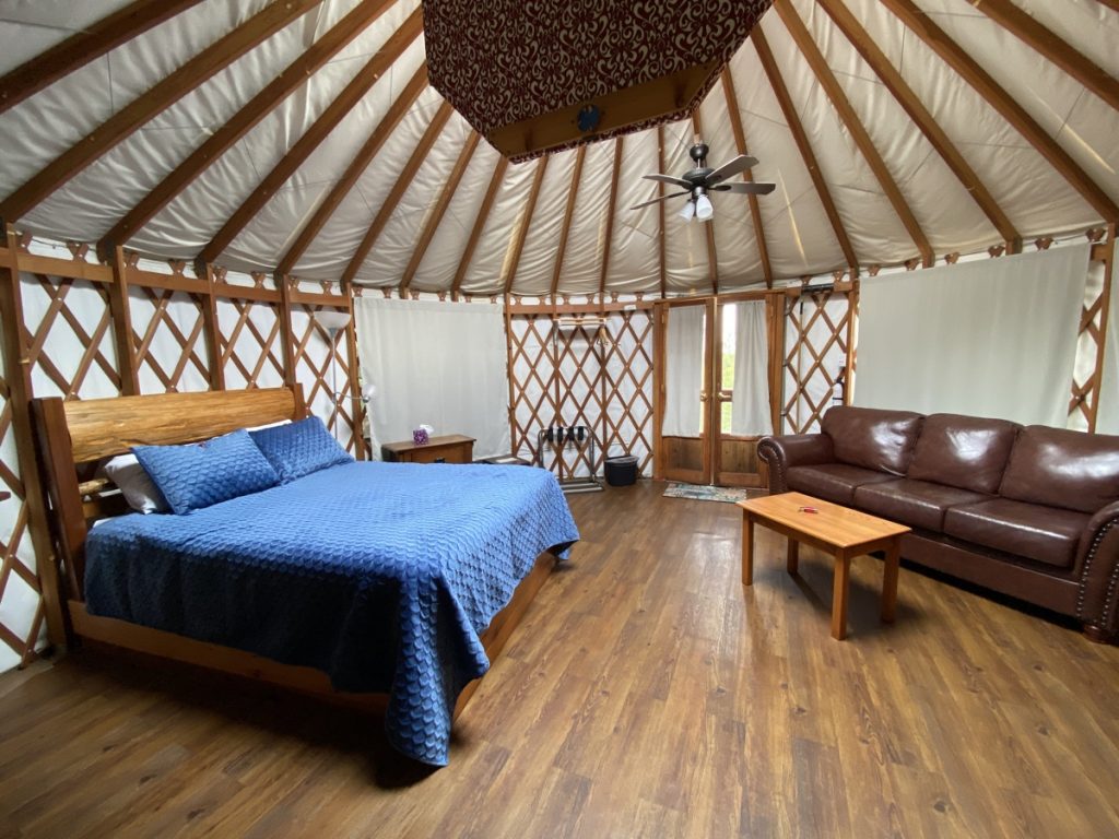 Inside the yurt of the Setting Sun at Soule Creek Lodge in Port Renfrew along the Pacific Marine Circle Route on Vancouver Island