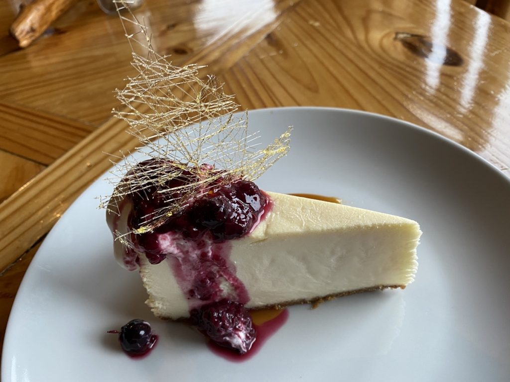 Fine dining with cheesecake at Soule Creek Lodge in Port Renfrew on Vancouver Island