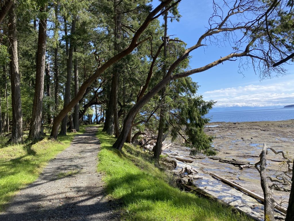 A hiking trail along Saysutshun Island in the Nanaimo Harbour, British Columbia