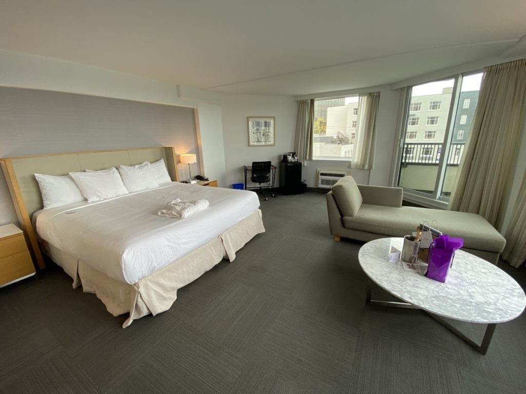 A king suite with a corner view of the Nanaimo harbour from the Coast Bastion Hotel in Nanaimo