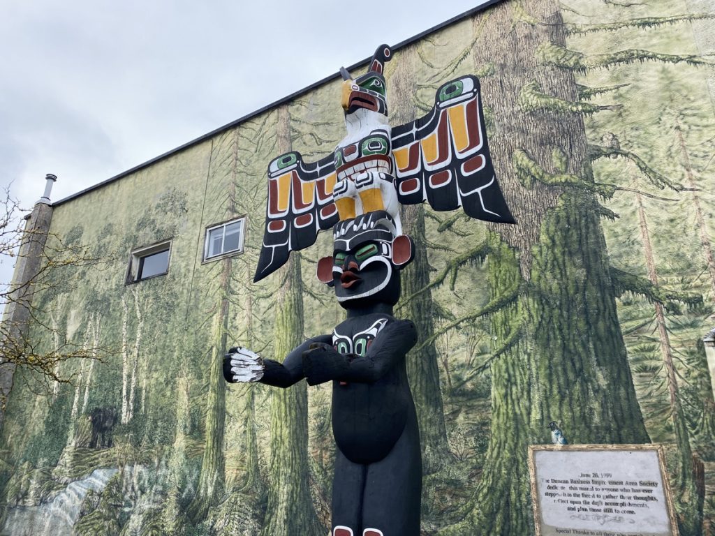 A magnificent totem pole in Duncan, the city of totem poles on Vancouver Island