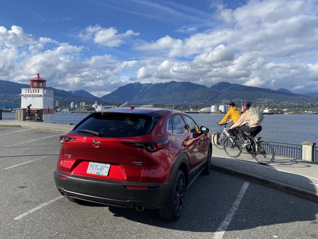 The best car for a road trip around Vancouver Island - the Mazda CX-30 SUV in Stanley Park, British Columbia