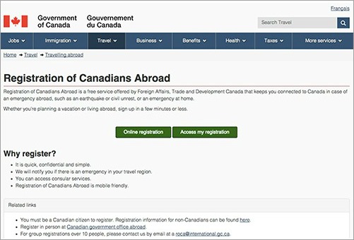 Canadian travel registration, Canadian travel registry, registration of Canadians abroad, travel safety tips