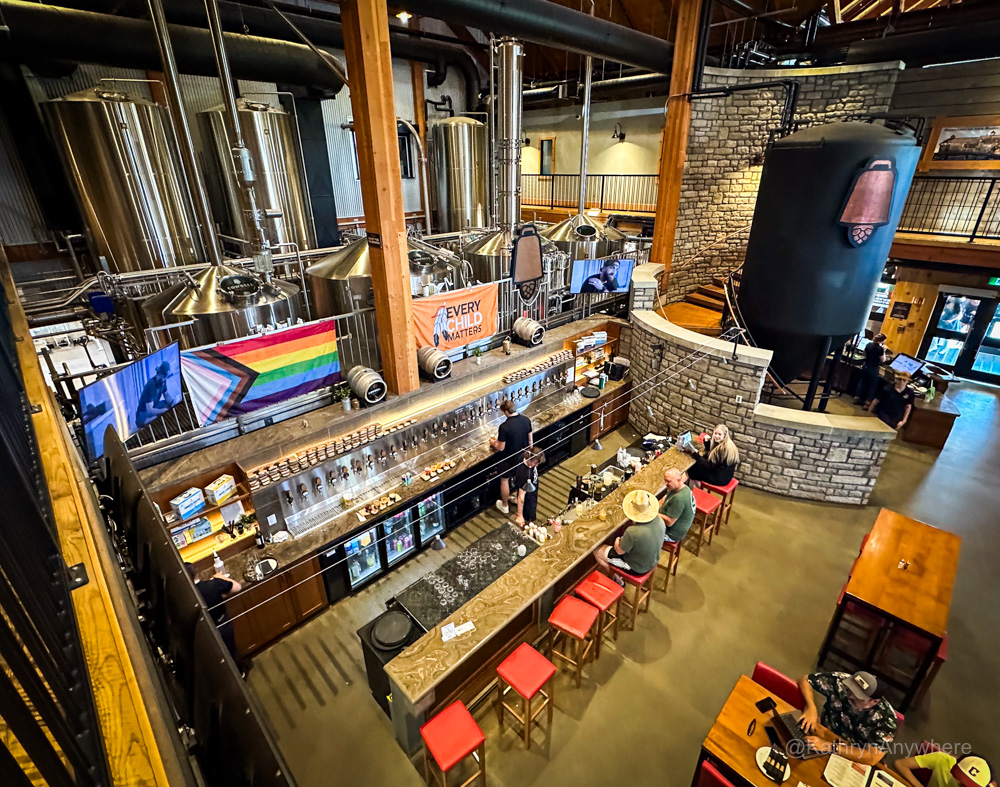 Cowbell Brewery interior from the catwalk above