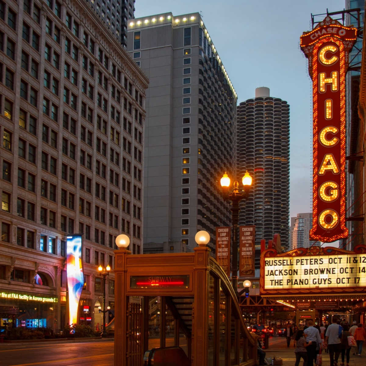 The iconic Chicago Theater neon sign at night