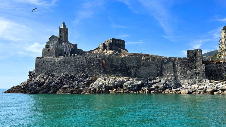 View of Chiesa di San Pietro from the oyster boat excursion. Photo by Isabella Miller 